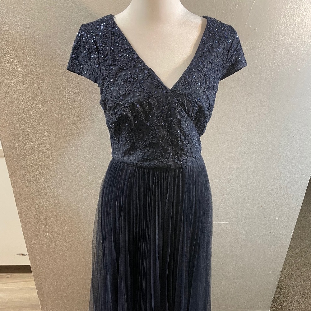adrianna papell blue navy gown dress sequin tulle beaded bridesmaid